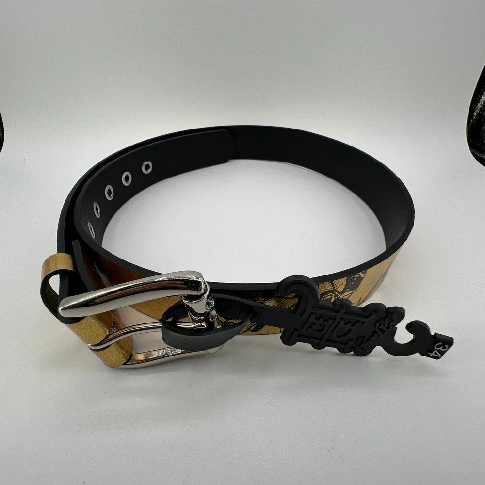 Ed Hardy Christian Audigier Belt Mens 34 Tiger Skull Tattoo Art Gold Color NEW